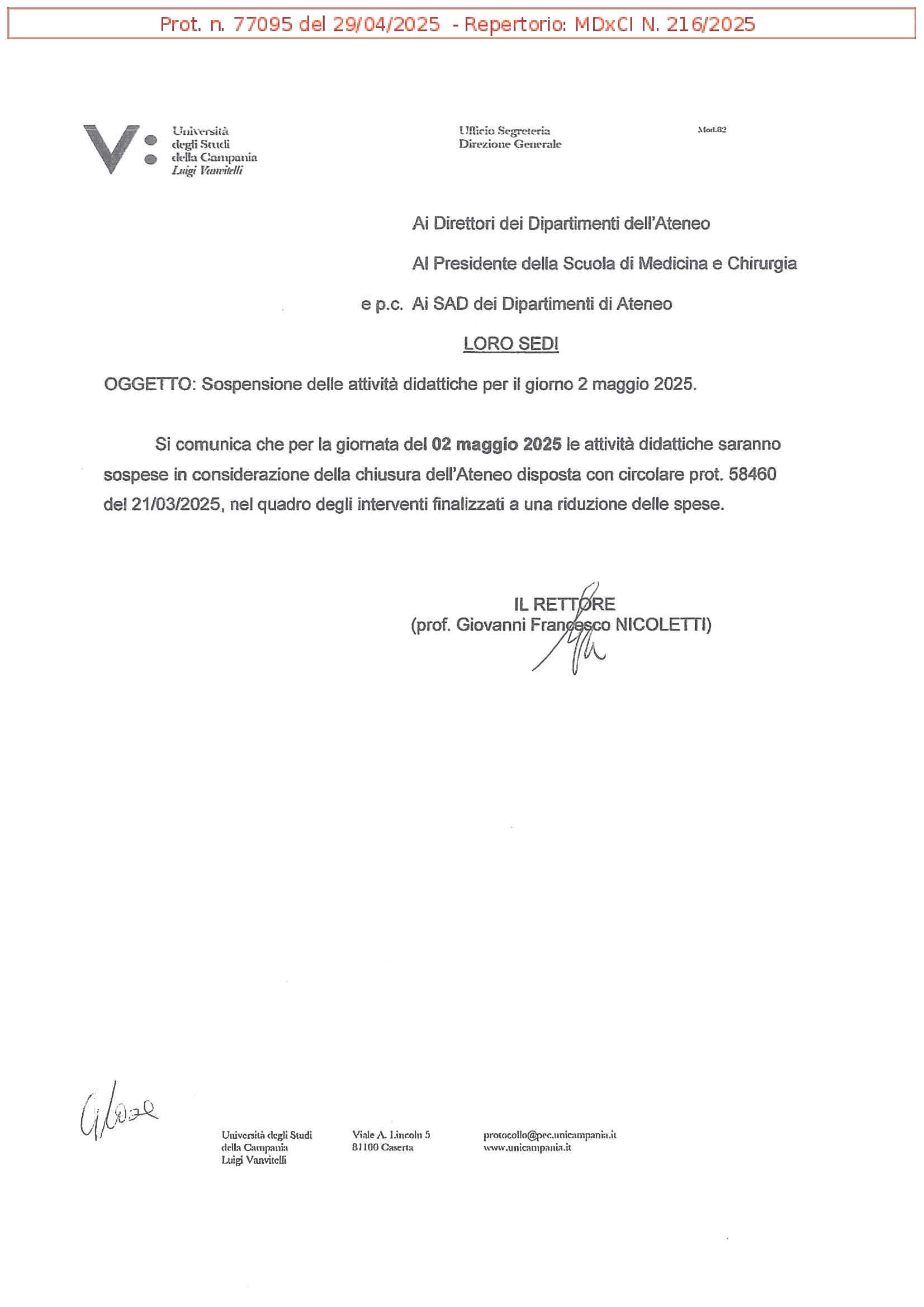 2025 05 02 sospensione didattica Prot n.77095